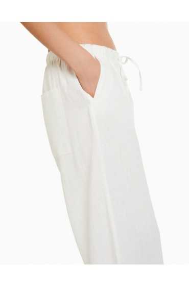 شلوار پارچه ای ترکیبی کتان گشاد با کمر جمع شده زنانه سفید برشکا