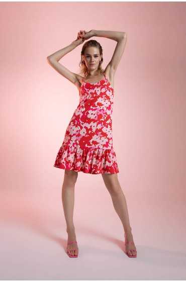 لباس شب میدی طرح گلدار با بند زنانه قرمز دیفکتو