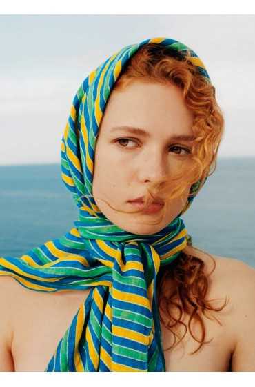 روسری کتان راه راه چند رنگ زنانه سبز منگو