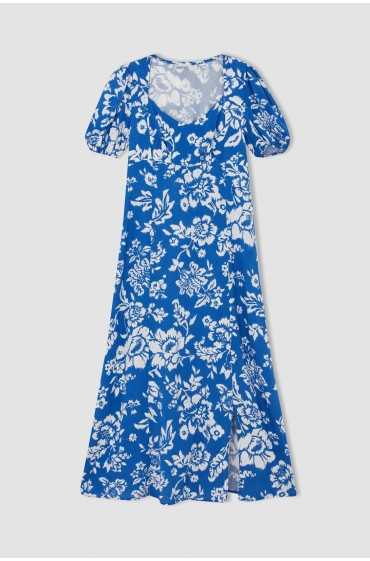 لباس شب آستین کوتاه میدی با یقه هفت چاپ شده زنانه آبی دیفکتو
