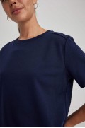 تیشرت یقه کوتاه صد در صد کتان معمولی زنانه آبی سرمه ای دیفکتو