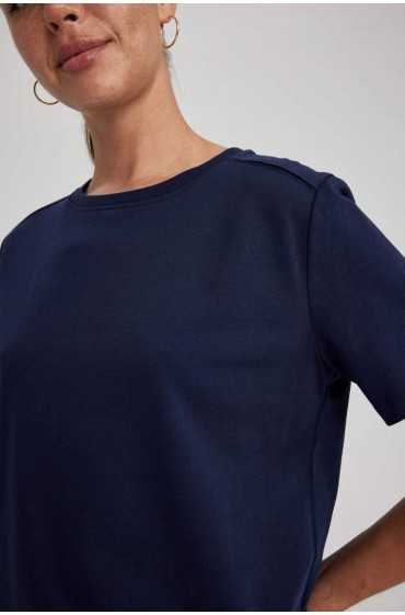 تیشرت یقه کوتاه صد در صد کتان معمولی زنانه آبی سرمه ای دیفکتو