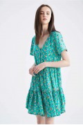 لباس شب گلدار یقه هفت با جزئیات فلونس زنانه سبز دیفکتو