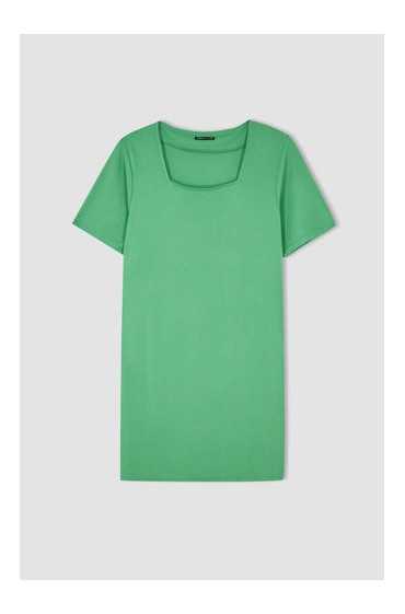 لباس شب مینی آستین کوتاه ویسکوز DF Plus A-Line یقه مربعی سایز پلاس زنانه سبز دیفکتو