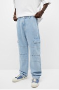 شلوار جین جیبدار بلوک رنگی با جزئیات درز مردانه آبی کمرنگ پل اند بیر