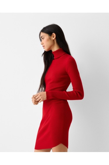 لباس شب کوتاه یقه بلند با آستین بلند بافتنی زنانه قرمز برشکا