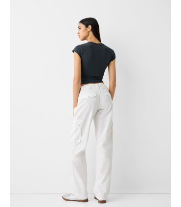 شلوار پارچه ای جیبدار نخی راسته قابل تنظیم زنانه سفید برشکا