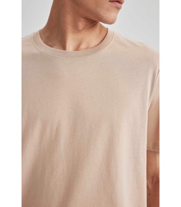تیشرت آستین کوتاه 100% کتان معمولی یقه خدمه مردانه قهوه ای روشن  دیفکتو