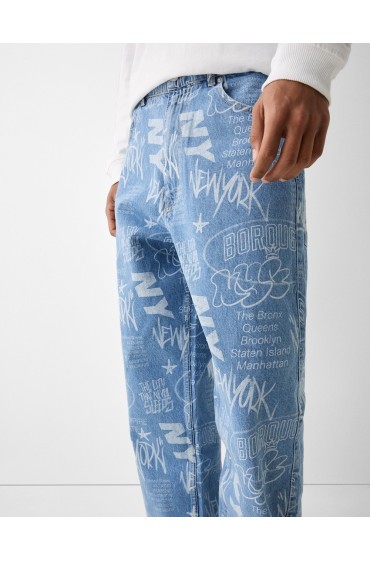 شلوار جین با چاپ گشاد مردانه آبی کمرنگ برشکا