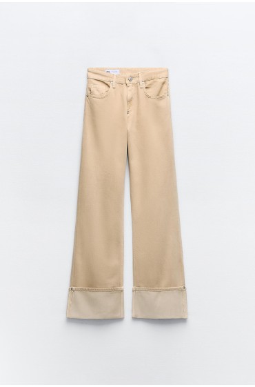 شلوار جین فاق بلند رنگی TRF با سجاف برگردان زنانه شتری زارا