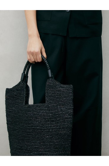 کیف دوشی رافیا با بند چرمی زنانه مشکی ماسیمودوتی
