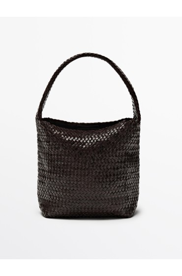 کیف دوشی سطلی چرم ناپا بافته شده زنانه قهوه ای ماسیمودوتی