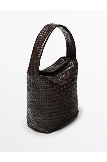 کیف دوشی سطلی چرم ناپا بافته شده زنانه قهوه ای ماسیمودوتی
