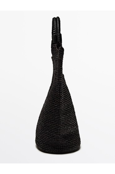 کیف دوشی رافیا با بند چرمی زنانه مشکی ماسیمودوتی
