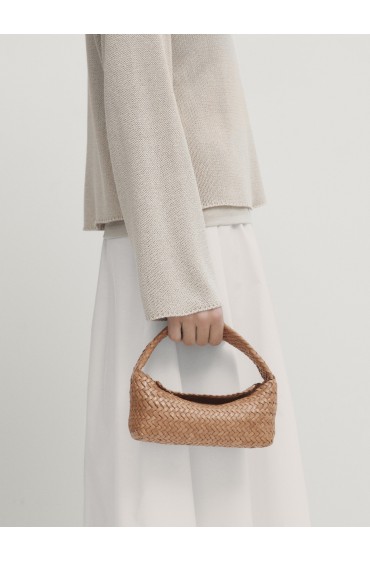 کیف دوشی مینی چرم ناپا بافته شده زنانه رنگ بژ ماسیمودوتی