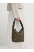 کیف دوشی سطلی چرم ناپا بافته شده زنانه خاکی ماسیمودوتی