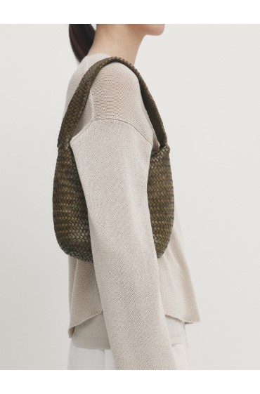 کیف دوشی سطلی چرم ناپا بافته شده زنانه خاکی ماسیمودوتی
