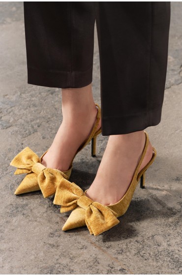 کفش پاشنه بلند مخملی با پاپیون زنانه خردلی زارا