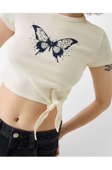 تیشرت آستین کوتاه با جزئیات چاپی زنانه رنگ سفید برشکا