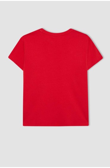 تیشرت قرمز آستین کوتاه چاپ شده با یقه معمولی متناسب زنانه قرمز دیفکتو
