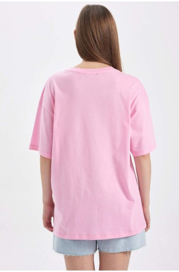 تیشرت آستین کوتاه چاپ شده باربی با اندازه بزرگ زنانه رنگ صورتی دیفکتو