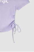 تیشرت آستین کوتاه چاپ شده با یقه خدمه با تای دور کمر زنانه بنفش دیفکتو