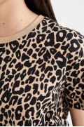 تیشرت آستین کوتاه یقه پلنگی با یقه با فیت معمولی 100% کتان زنانه استخوانی دیفکتو
