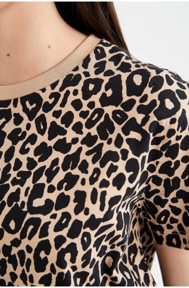 تیشرت آستین کوتاه یقه پلنگی با یقه با فیت معمولی 100% کتان زنانه استخوانی دیفکتو