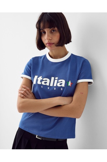 تیشرت آستین کوتاه با نوشته چاپی ایتالیا زنانه آبی برشکا