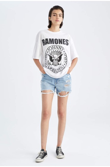 تیشرت یقه کوتاه Ramones Oversize Fit Crew 100% کتان زنانه رنگ سفید دیفکتو