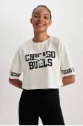 تیشرت DeFactoFit NBA Chicago Bulls Oversize Fit Crew یقه آستین کوتاه 100% کتان تی شرت زنانه اکرو دیفکتو
