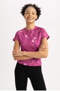 تیشرت کوتاه آستین ورزشکار چاپ شده با یقه اسلیم فیت DeFactoFit زنانه سرخابی دیفکتو