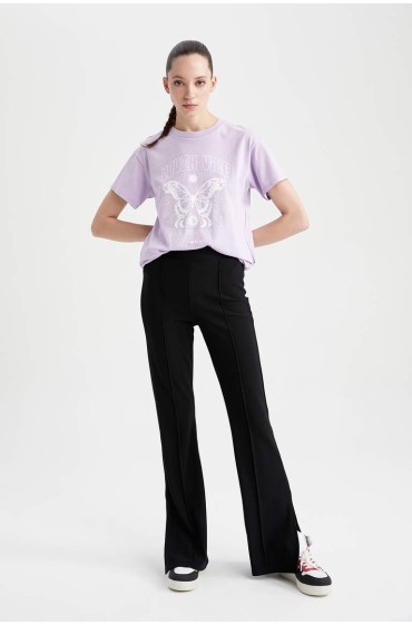تیشرت آستین کوتاه صد در صد کتان چاپ شده با یقه معمولی زنانه یاسی روشن دیفکتو