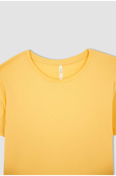 تیشرت یقه کوتاه 100% کتان ساده زنانه رنگ زرد دیفکتو