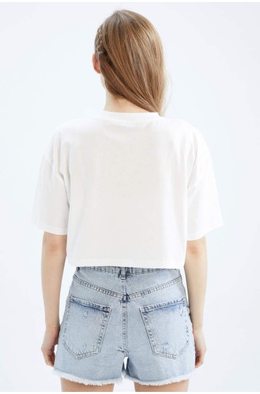 تیشرت آستین کوتاه 100% کتان چاپ شده با اورسایز زنانه رنگ سفید دیفکتو