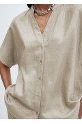 پیراهن آستین کوتاه ترکیبی کتان زنانه قهوه ای منگو