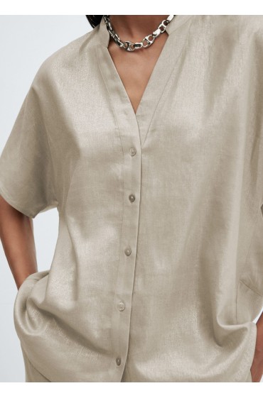 پیراهن آستین کوتاه ترکیبی کتان زنانه قهوه ای منگو