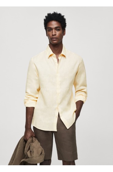 پیراهن 100% کتان ساده مردانه رنگ زرد منگو