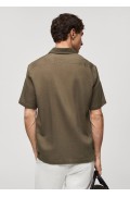 پیراهن کتان آستین کوتاه معمولی مردانه خاکی منگو