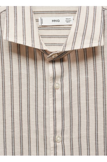 پیراهن کتان راه راه ساده مردانه رنگ بژ منگو