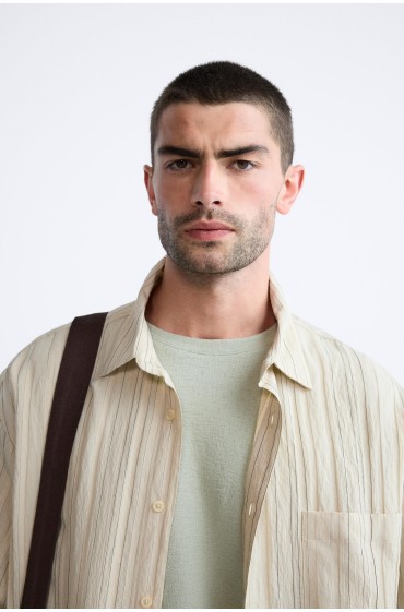 پیراهن ترکیبی ویسکوز راه راه مردانه شتری  زارا