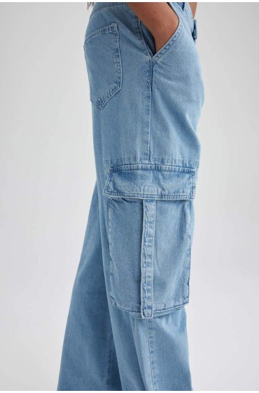 شلوار جین لگ گشاد 90 فاق بلند زنانه آبی کمرنگ دیفکتو