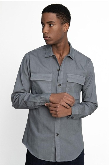 پیراهن مردانه شلوار جین آستین بلند رنگ آمیزی شده با دو جیب با دکمه فلزی مردانه خاکستری  ال سی وایکیکی