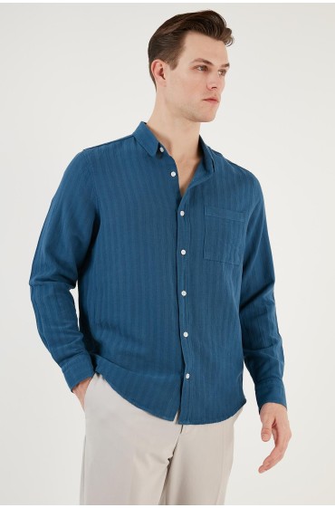 پیراهن تک جیبی نخی معمولی CF24S128229 مردانه نیلی  ال سی وایکیکی