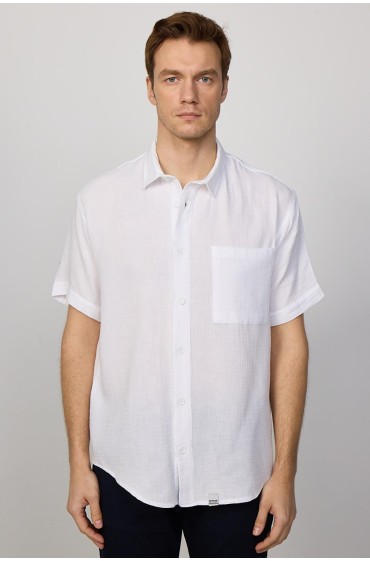 پیراهن مردانه سفید ساده تابستانی با آستین کوتاه 100% کتان آستین کوتاه تک جیب Relax Fit مردانه سفید  ال سی وایکیکی