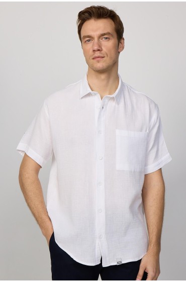 پیراهن مردانه سفید ساده تابستانی با آستین کوتاه 100% کتان آستین کوتاه تک جیب Relax Fit مردانه سفید  ال سی وایکیکی