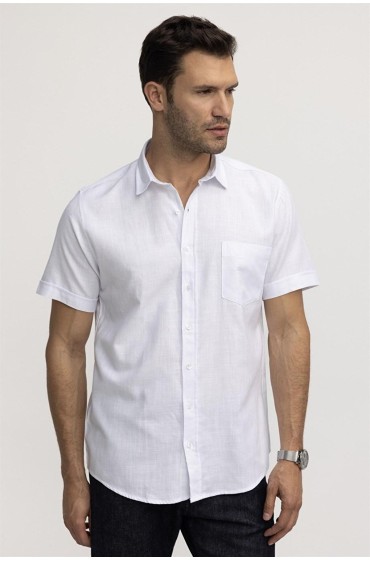 پیراهن مردانه کتان آستین کوتاه کلاسیک متناسب با جیب مردانه سفید  ال سی وایکیکی