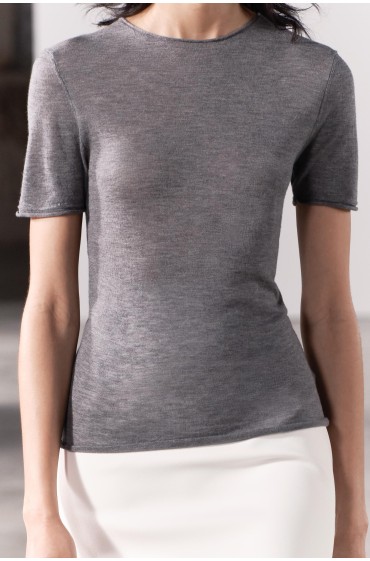 تیشرت ساده آستین کوتاه پشمی و ابریشم ترکیبی زنانه خاکستری زارا