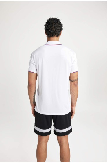 تیشرت پولو اسپرت با آستین کوتاه چاپ استاندارد DeFactoFit مردانه سفید  دیفکتو