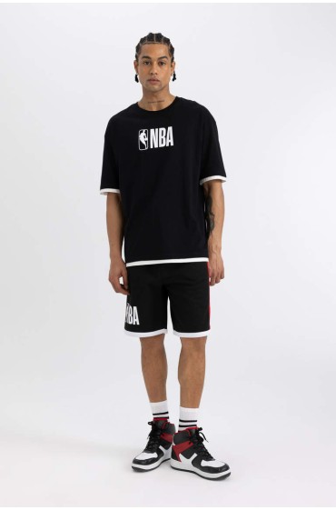 تیشرت آستین کوتاه چاپی DeFactoFit NBA Wordmark Oversize Fit Crew مردانه مشکی  دیفکتو